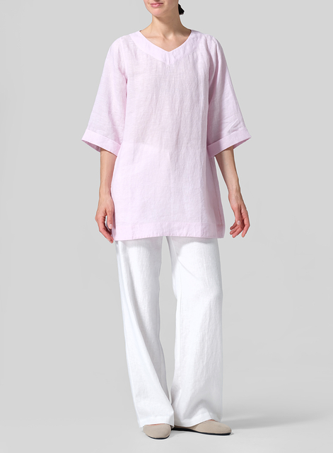 Linen Casual Loose-Fit V-Neck Midi Top