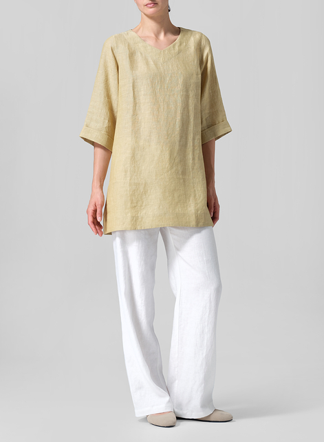 Linen Casual Loose-Fit V-Neck Midi Top