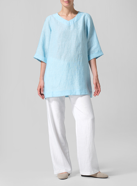 Linen Casual Loose-Fit V-Neck Midi Top