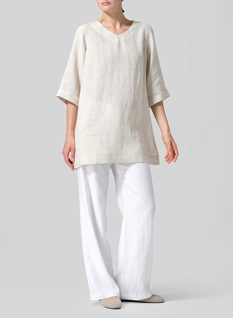 Linen Casual Loose-Fit V-Neck Midi Top