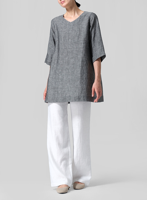 Linen Casual Loose-Fit V-Neck Midi Top