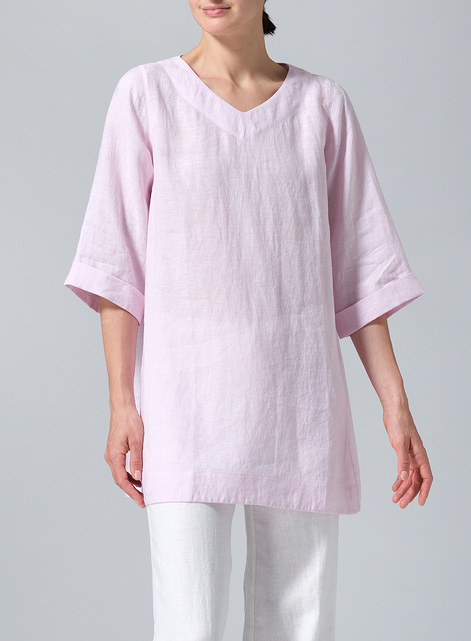 Linen Casual Loose-Fit V-Neck Midi Top