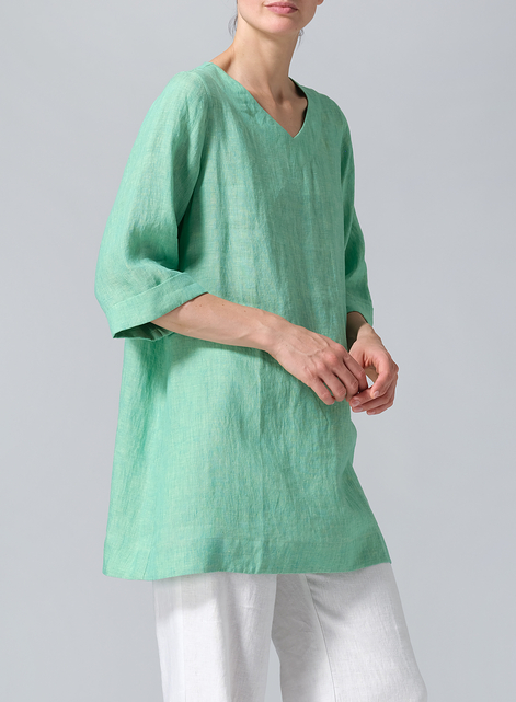 Linen Casual Loose-Fit V-Neck Midi Top