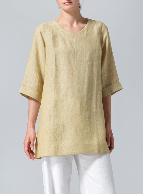 Linen Casual Loose-Fit V-Neck Midi Top