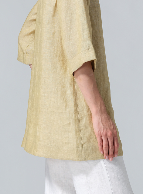 Linen Casual Loose-Fit V-Neck Midi Top