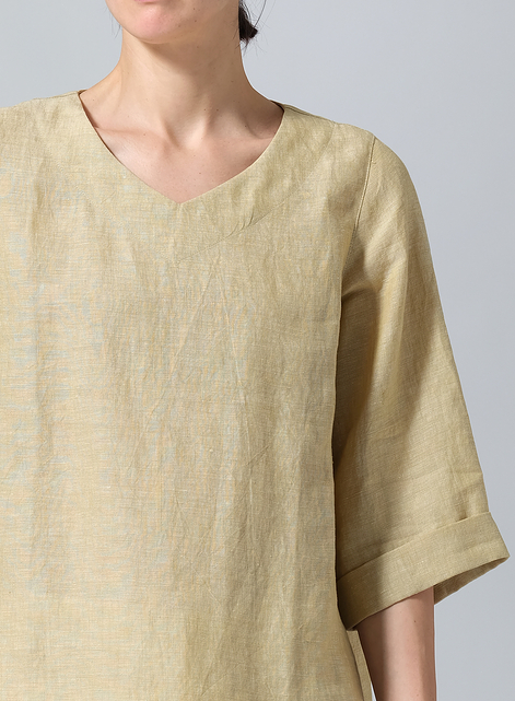 Linen Casual Loose-Fit V-Neck Midi Top