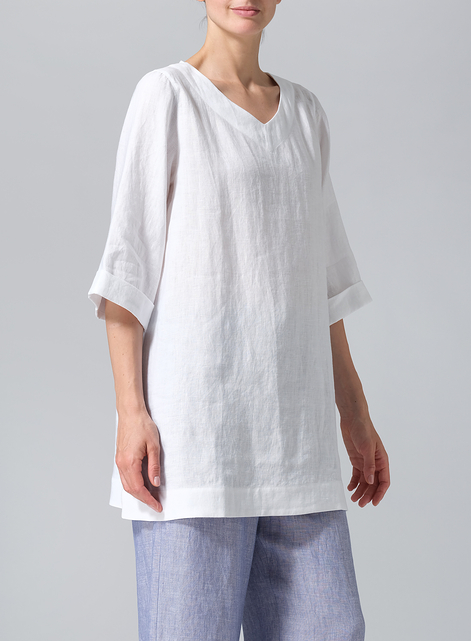 Linen Casual Loose-Fit V-Neck Midi Top