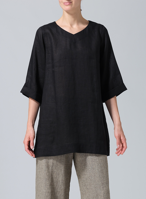 Linen Casual Loose-Fit V-Neck Midi Top