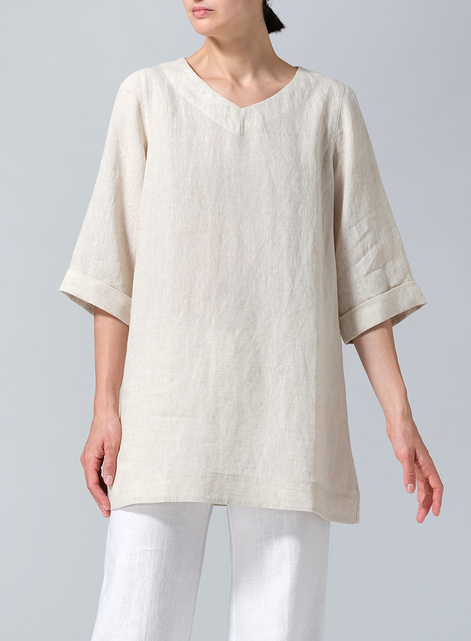 Linen Casual Loose-Fit V-Neck Midi Top