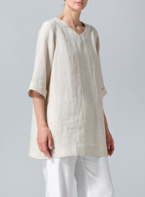 Linen Casual Loose-Fit V-Neck Midi Top