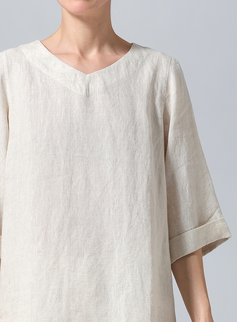 Linen Casual Loose-Fit V-Neck Midi Top