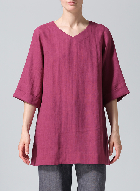 Linen Casual Loose-Fit V-Neck Midi Top