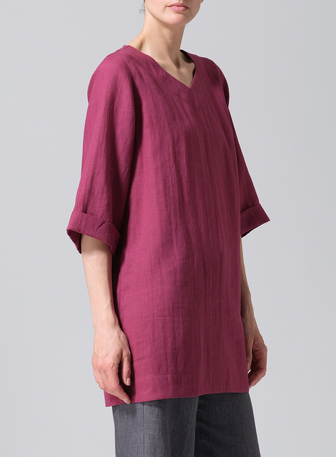 Linen Casual Loose-Fit V-Neck Midi Top