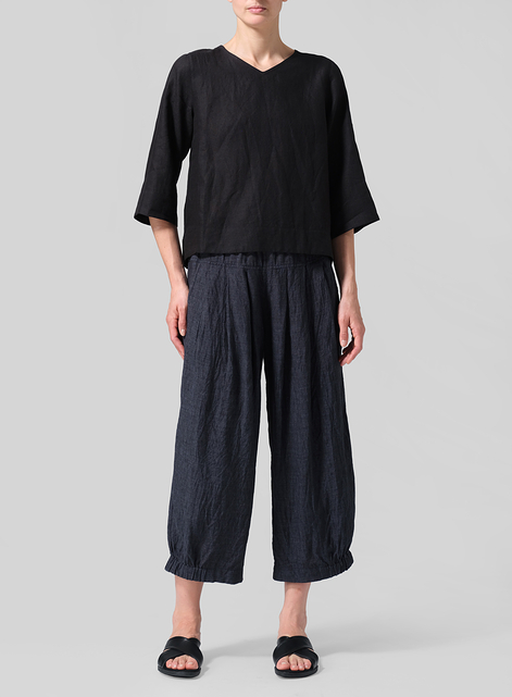 Linen V-Neck Short-Sleeved Top