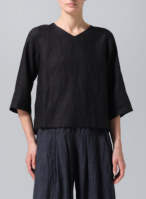 Linen V-Neck Short-Sleeved Top