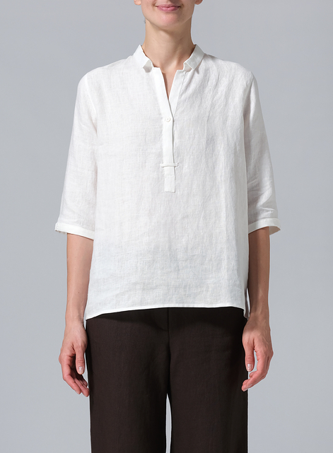 Linen Simple Top with Small Shirt Collar