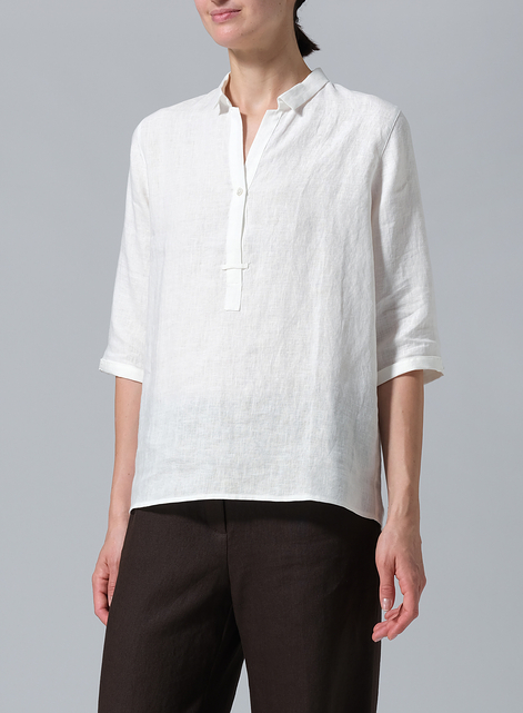 Linen Simple Top with Small Shirt Collar