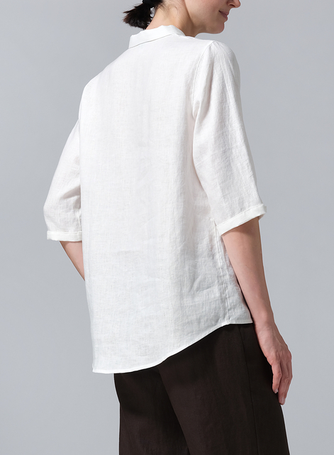 Linen Simple Top with Small Shirt Collar