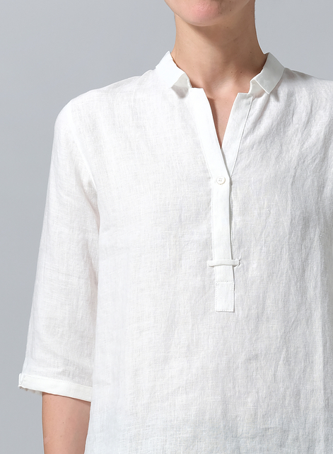 Linen Simple Top with Small Shirt Collar