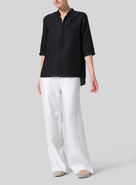 Linen Simple Top with Small Shirt Collar