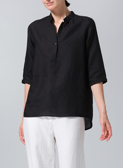 Linen Simple Top with Small Shirt Collar