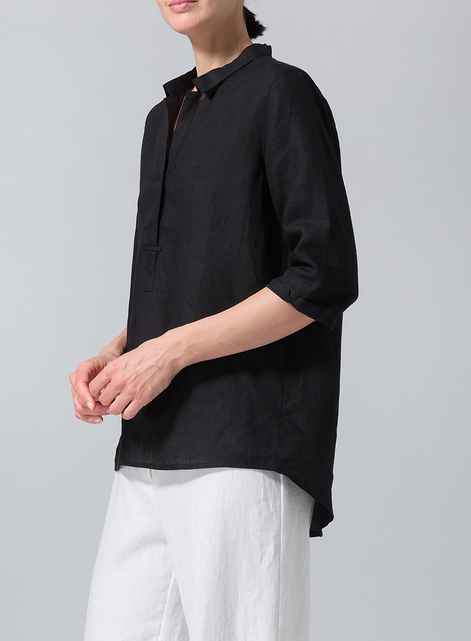 Linen Simple Top with Small Shirt Collar