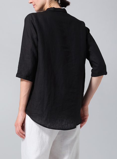 Linen Simple Top with Small Shirt Collar