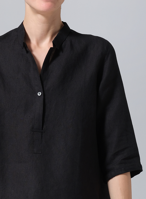 Linen Simple Top with Small Shirt Collar