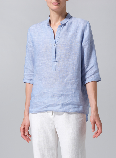 Linen Simple Top with Small Shirt Collar