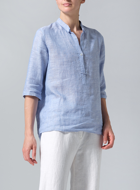 Linen Simple Top with Small Shirt Collar
