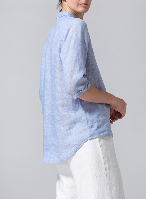 Linen Simple Top with Small Shirt Collar