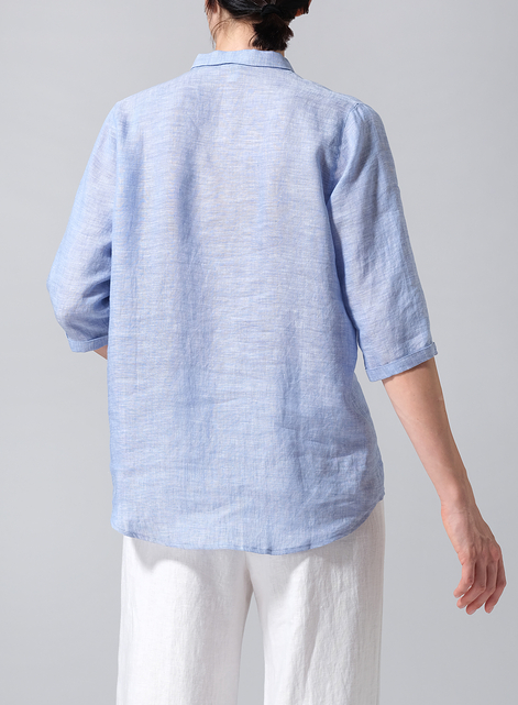 Linen Simple Top with Small Shirt Collar
