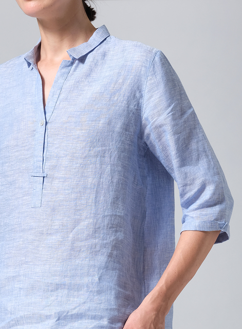 Linen Simple Top with Small Shirt Collar
