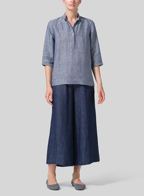 Linen Simple Top with Small Shirt Collar