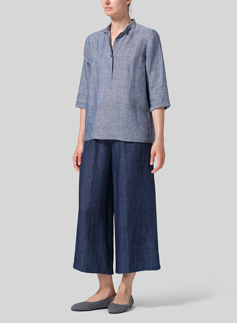 Linen Simple Top with Small Shirt Collar