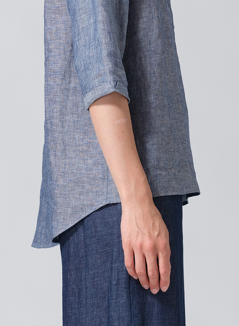 Linen Simple Top with Small Shirt Collar