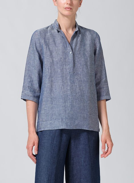 Linen Simple Top with Small Shirt Collar