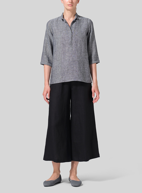 Linen Simple Top with Small Shirt Collar
