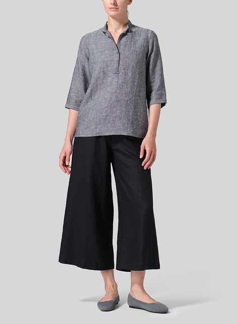 Linen Simple Top with Small Shirt Collar