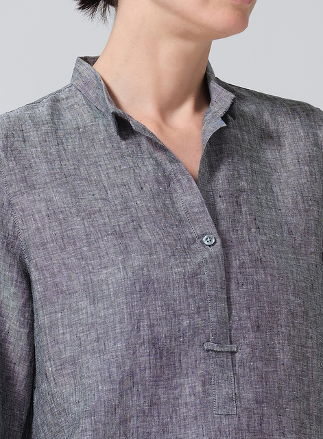 Linen Simple Top with Small Shirt Collar