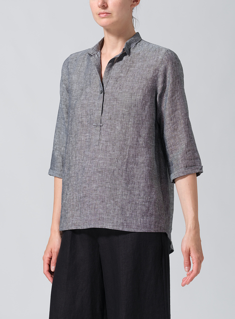 Linen Simple Top with Small Shirt Collar