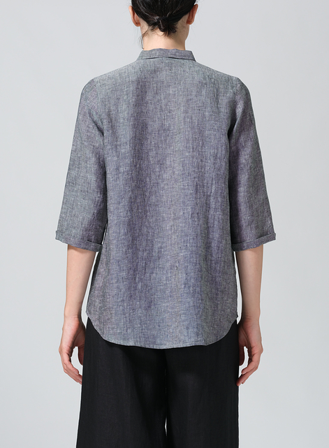 Linen Simple Top with Small Shirt Collar