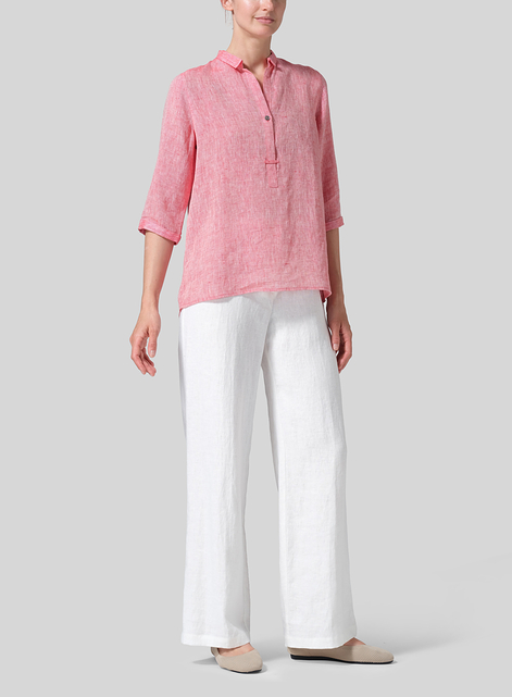 Linen Simple Top with Small Shirt Collar