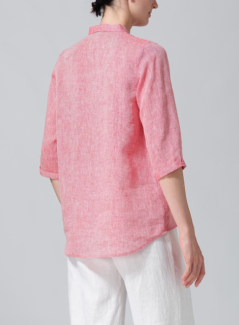 Linen Simple Top with Small Shirt Collar