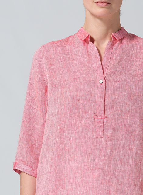 Linen Simple Top with Small Shirt Collar