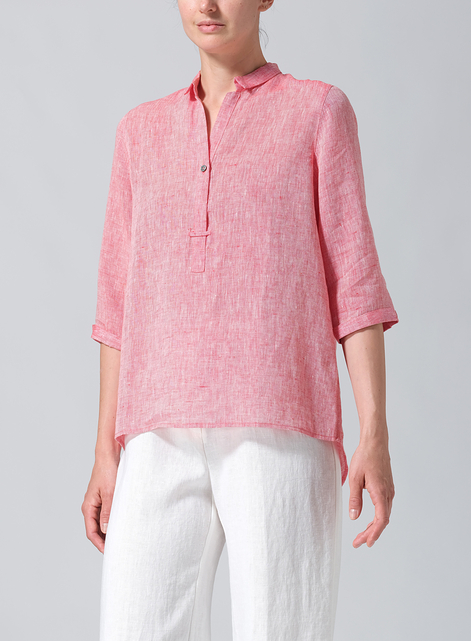 Linen Simple Top with Small Shirt Collar