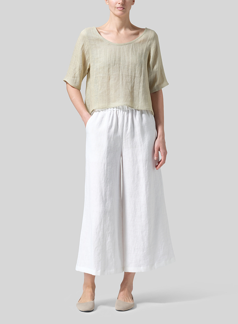 Linen Short-Sleeved Wide Round Neck Cropped Top