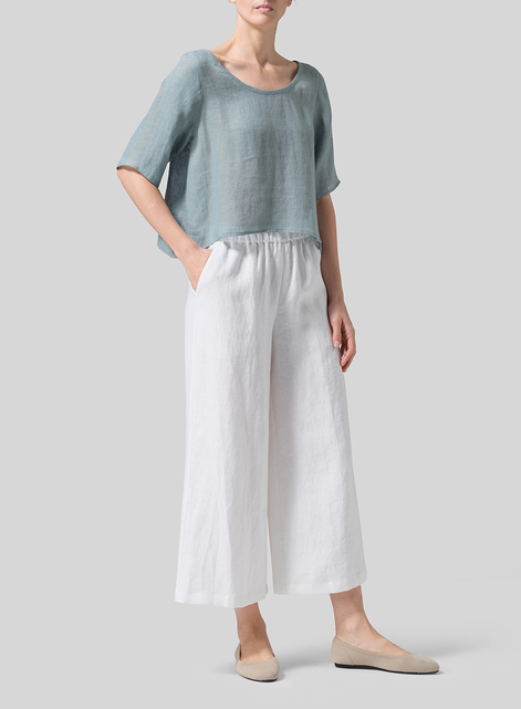 Linen Short-Sleeved Wide Round Neck Cropped Top