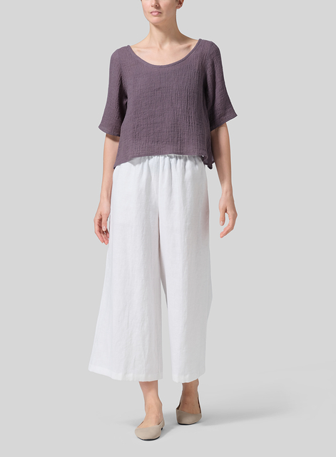 Linen Short-Sleeved Wide Round Neck Cropped Top