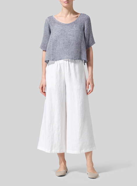 Linen Short-Sleeved Wide Round Neck Cropped Top